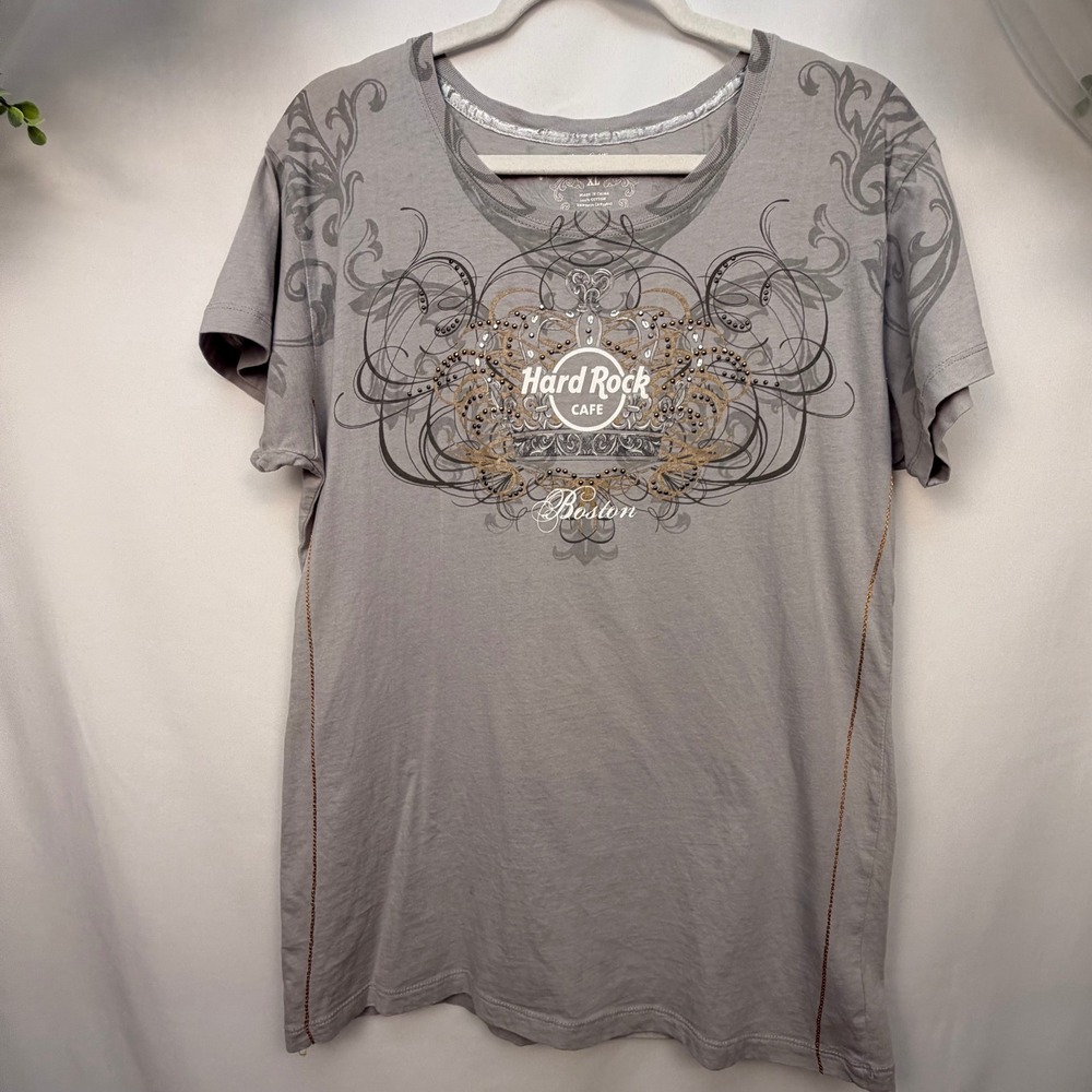 Hard Rock Couture Boston Grey Studded Crown Graphic T-Shirt XL Womens